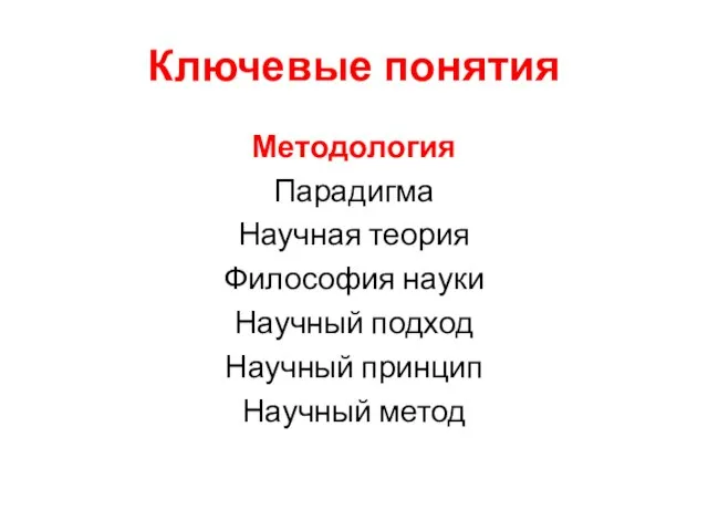 Ключевые понятия Методология Парадигма Научная теория Философия науки Научный подход Научный принцип Научный метод