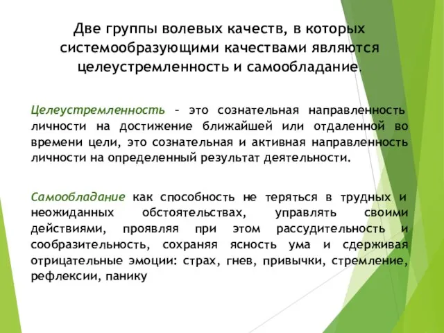 Две группы волевых качеств, в которых системообразующими качествами являются целеустремленность и самообладание.