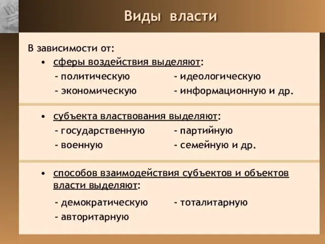 Виды власти В зависимости от: сферы воздействия выделяют: - политическую - экономическую