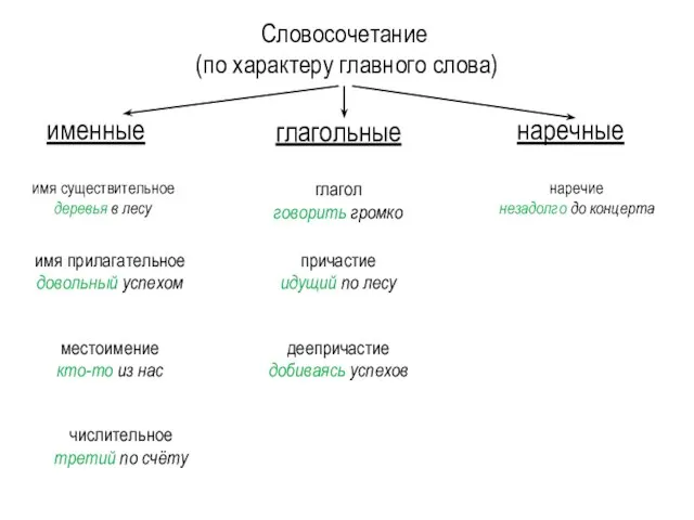 Словосочетание (по характеру главного слова) именные имя существительное деревья в лесу глагольные