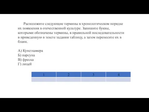 Расположите следующие термины в хронологическом порядке их появления в отечественной культуре. Запишите