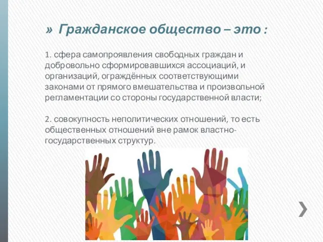 Гражданское общество – это : 1. сфера самопроявления свободных граждан и добровольно