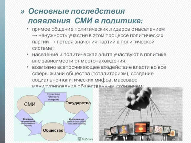 Основные последствия появления СМИ в политике: прямое общение политических лидеров с населением