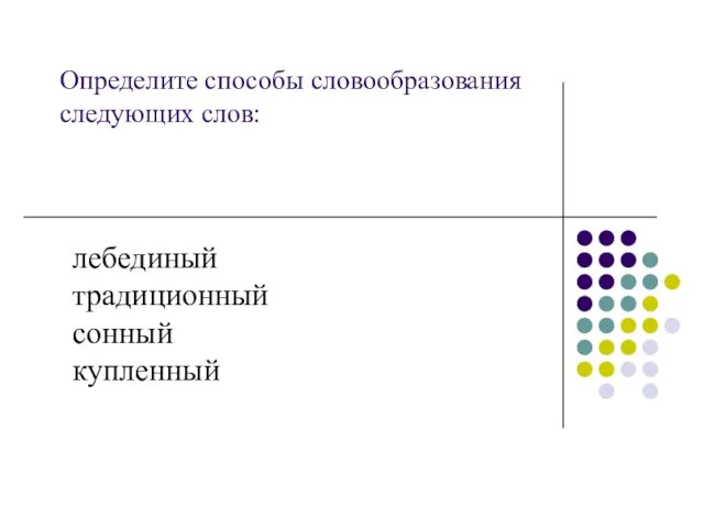 Определите способы словообразования следующих слов: лебединый традиционный сонный купленный