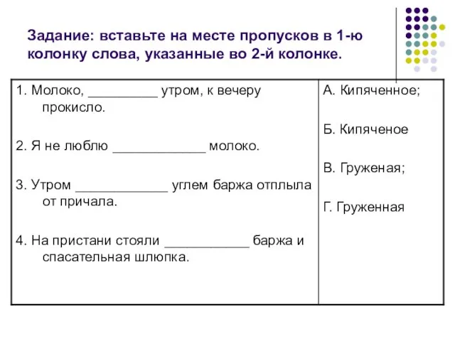 Задание: вставьте на месте пропусков в 1-ю колонку слова, указанные во 2-й колонке.