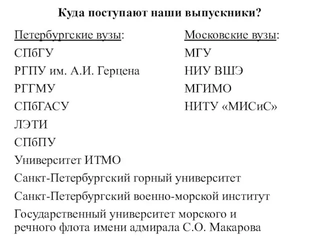 Куда поступают наши выпускники? Петербургские вузы: СПбГУ РГПУ им. А.И. Герцена РГГМУ