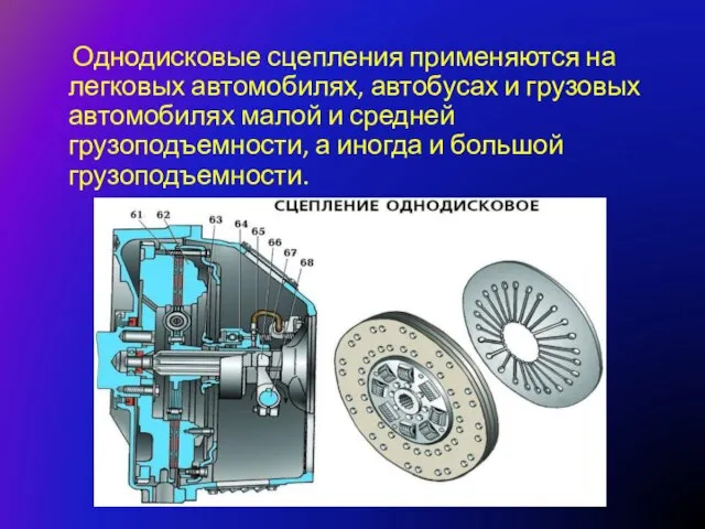 Однодисковые сцепления применяются на легковых автомобилях, автобусах и грузовых автомобилях малой и