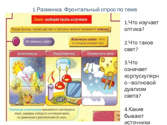 1.Разминка. Фронтальный опрос по теме 1.Что изучает оптика? 2.Что такое свет? 3.Что