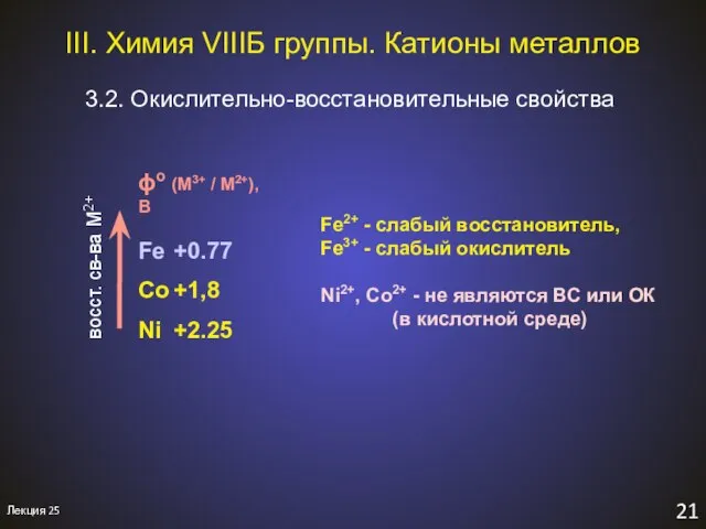 III. Химия VIIIБ группы. Катионы металлов 3.2. Окислительно-восстановительные свойства 21 Лекция 25