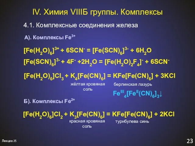 IV. Химия VIIIБ группы. Комплексы 4.1. Комплексные соединения железа 23 Лекция 25