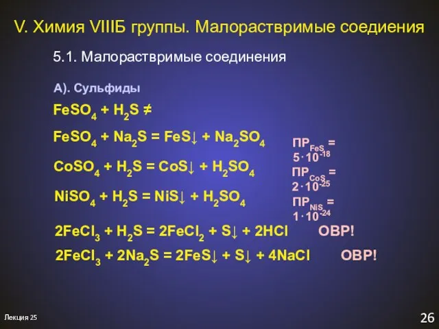 26 Лекция 25 V. Химия VIIIБ группы. Малораствримые соедиения 5.1. Малораствримые соединения