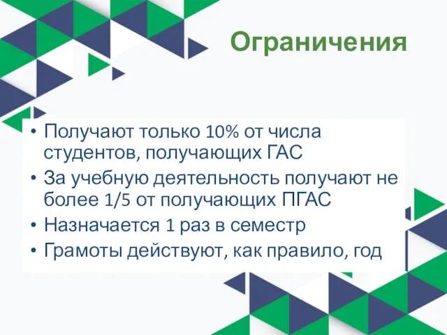 Ограничения Получают только 10% от числа студентов, получающих ГАС За учебную деятельность