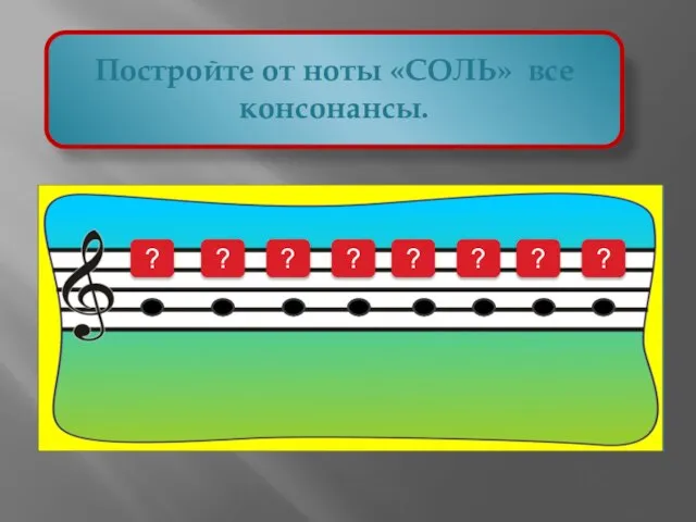 Постройте от ноты «СОЛЬ» все консонансы. ? ? ? ? ? ? ? ?