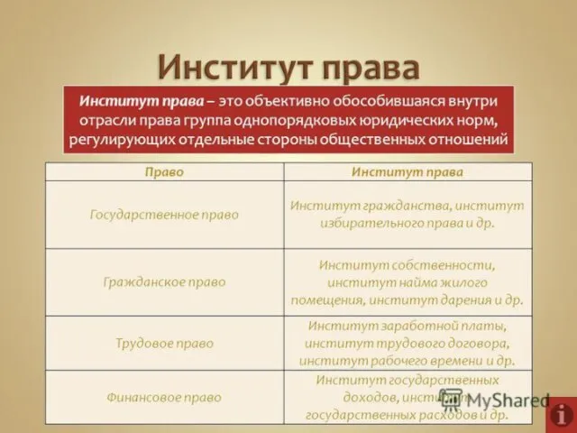 Институт права – объективно обособившуюся внутри отросли права группу однопорядковых юридических норм,