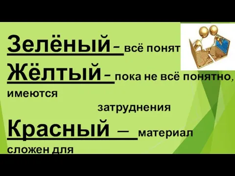 Зелёный- всё понятно Жёлтый- пока не всё понятно, имеются затруднения Красный –