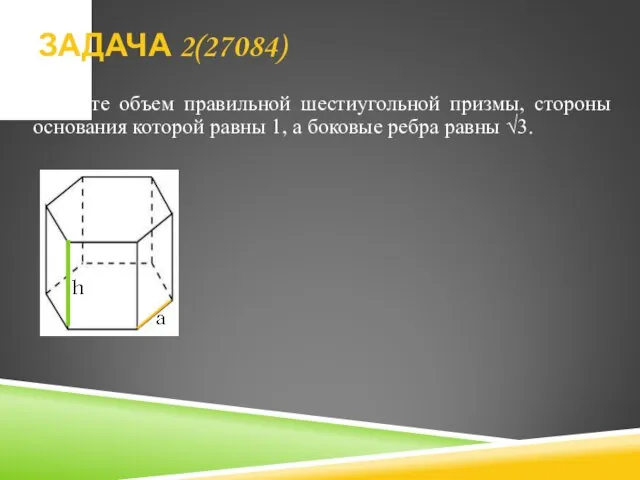 Найдите объем правильной шестиугольной призмы, стороны основания которой равны 1, а боковые