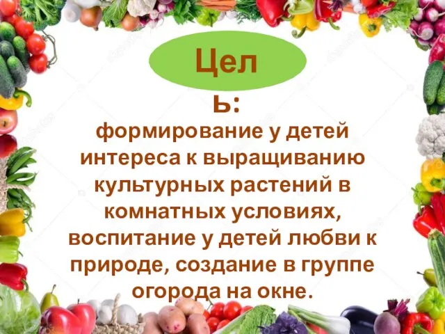 Цель: формирование у детей интереса к выращиванию культурных растений в комнатных условиях,