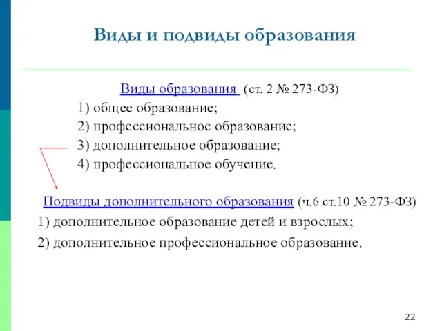 Виды и подвиды образования Виды образования (ст. 2 № 273-ФЗ) 1) общее