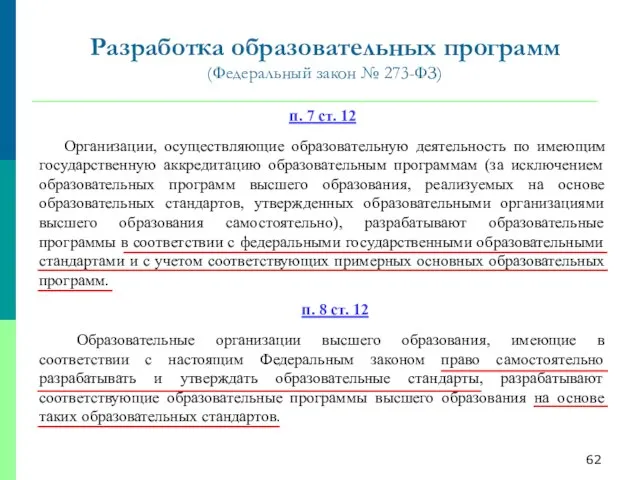 Разработка образовательных программ (Федеральный закон № 273-ФЗ) п. 7 ст. 12 Организации,