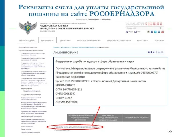 Реквизиты счета для уплаты государственной пошлины на сайте РОСОБРНАДЗОРА