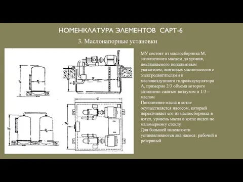 НОМЕНКЛАТУРА ЭЛЕМЕНТОВ САРТ-6 3. Маслонапорные установки МУ состоят из маслосборника М, заполненного