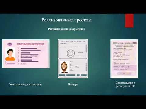 Реализованные проекты Распознавание документов Водительское удостоверение Паспорт Свидетельство о регистрации ТС