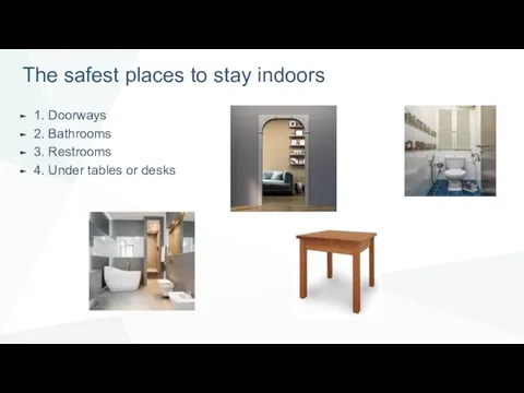 The safest places to stay indoors 1. Doorways 2. Bathrooms 3. Restrooms