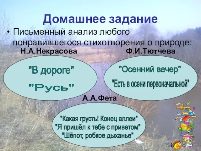 Домашнее задание Письменный анализ любого понравившегося стихотворения о природе: "Русь" "В дороге"