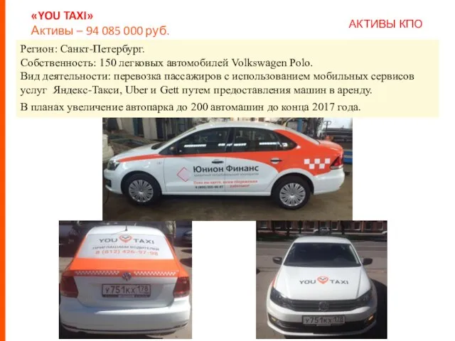 «YOU TAXI» Активы – 94 085 000 руб. КПО Регион: Санкт-Петербург. Собственность: