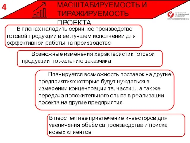 МАСШТАБИРУЕМОСТЬ И ТИРАЖИРУЕМОСТЬ ПРОЕКТА 4 Планируется возможность поставок на другие предприятиях которые