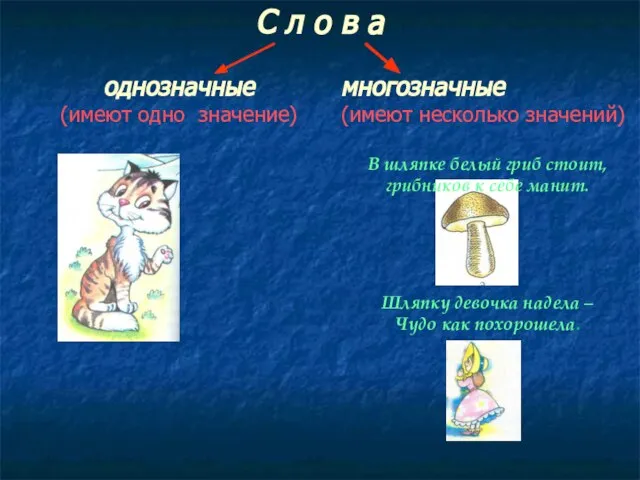 С л о в а многозначные (имеют несколько значений) В шляпке белый