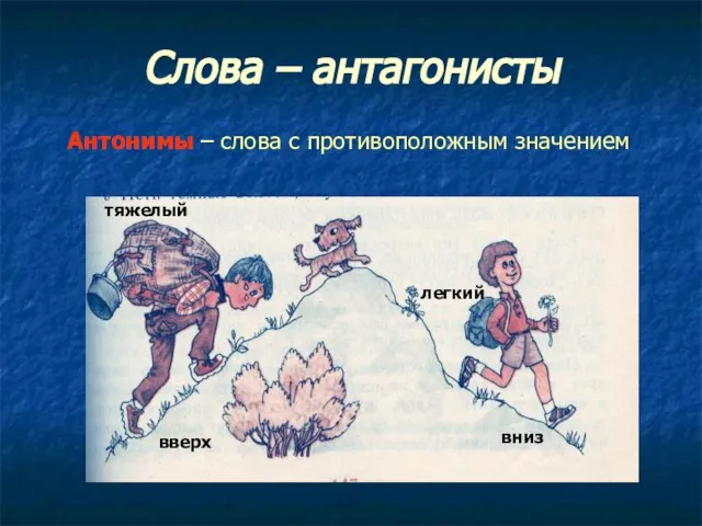 Слова – антагонисты Антонимы – слова с противоположным значением тяжелый вверх вниз легкий