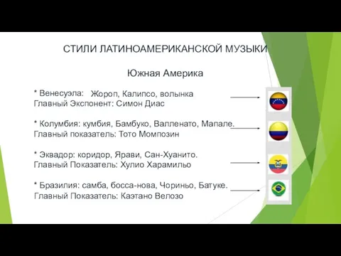 СТИЛИ ЛАТИНОАМЕРИКАНСКОЙ МУЗЫКИ Южная Америка * Венесуэла: Главный Экспонент: Симон Диас *