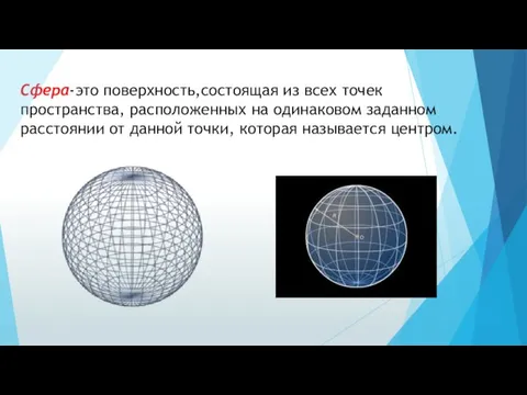 Сфера-это поверхность,состоящая из всех точек пространства, расположенных на одинаковом заданном расстоянии от