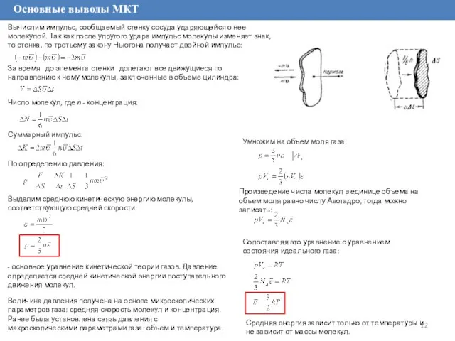 Основные выводы МКТ Вычислим импульс, сообщаемый стенку сосуда ударяющейся о нее молекулой.