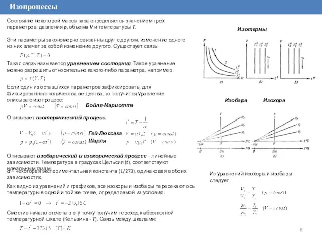 Изопроцессы Состояние некоторой массы газа определяется значением трех параметров: давления p, объема