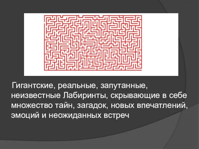 Гигантские, реальные, запутанные, неизвестные Лабиринты, скрывающие в себе множество тайн, загадок, новых