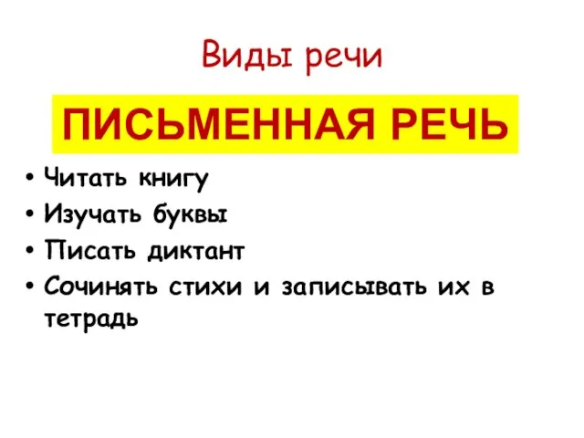 Виды речи Читать книгу Изучать буквы Писать диктант Сочинять стихи и записывать