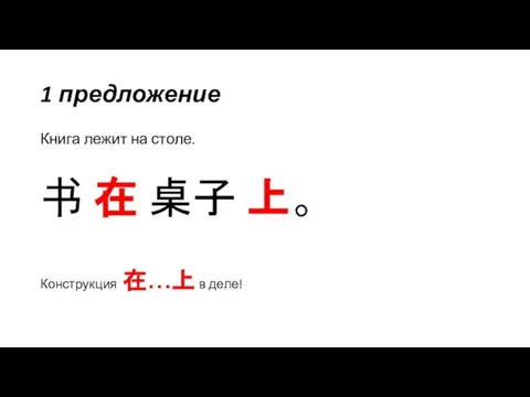 1 предложение Книга лежит на столе. 书 在 桌子 上。 Конструкция 在…上 в деле!