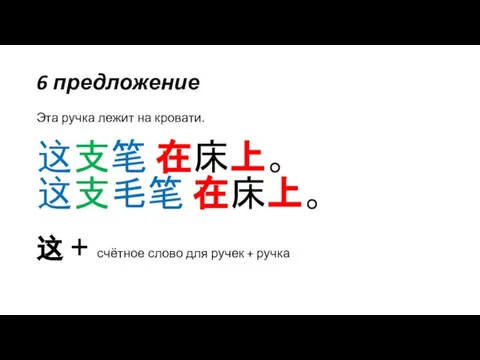 6 предложение Эта ручка лежит на кровати. 这支笔 在床上。 这支毛笔 在床上。 这