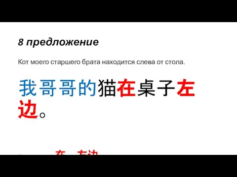 8 предложение Кот моего старшего брата находится слева от стола. 我哥哥的猫在桌子左边。 Конструкция 在…左边 в деле!