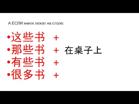 А ЕСЛИ книги лежат на столе: 这些书 + 那些书 + 在桌子上 有些书 + 很多书 +