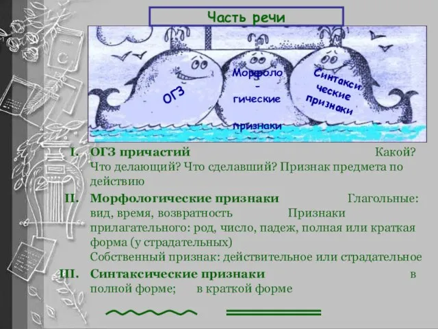 ОГЗ причастий Какой? Что делающий? Что сделавший? Признак предмета по действию Морфологические