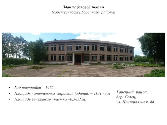 Здание базовой школы (собственность Горецкого района) Год постройки – 1975 Площадь капитальных
