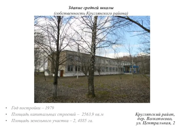 Здание средней школы (собственность Круглянского района) Год постройки – 1979 Площадь капитальных