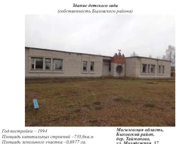 Здание детского сада (собственность Быховского района) Год постройки – 1994 Площадь капитальных