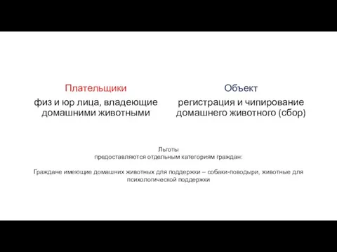 Плательщики физ и юр лица, владеющие домашними животными Объект регистрация и чипирование