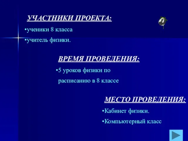 УЧАСТНИКИ ПРОЕКТА: ученики 8 класса учитель физики. ВРЕМЯ ПРОВЕДЕНИЯ: 5 уроков физики