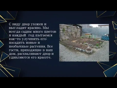 С виду двор ухожен и выгладит красиво. Мы всегда садим много цветов