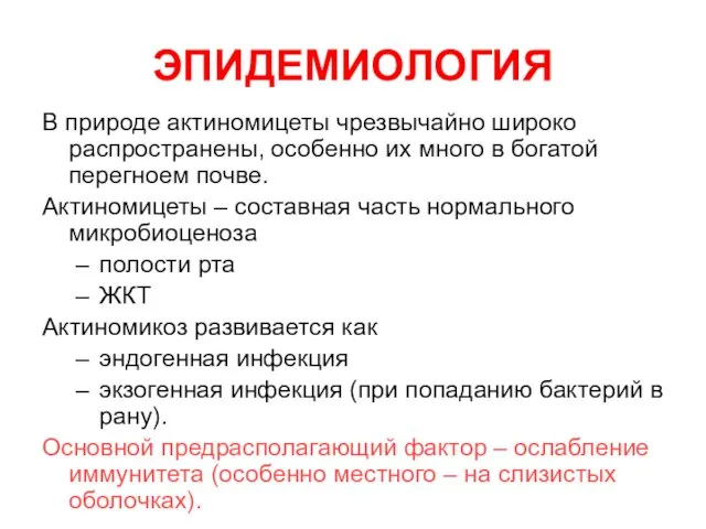 ЭПИДЕМИОЛОГИЯ В природе актиномицеты чрезвычайно широко распространены, особенно их много в богатой